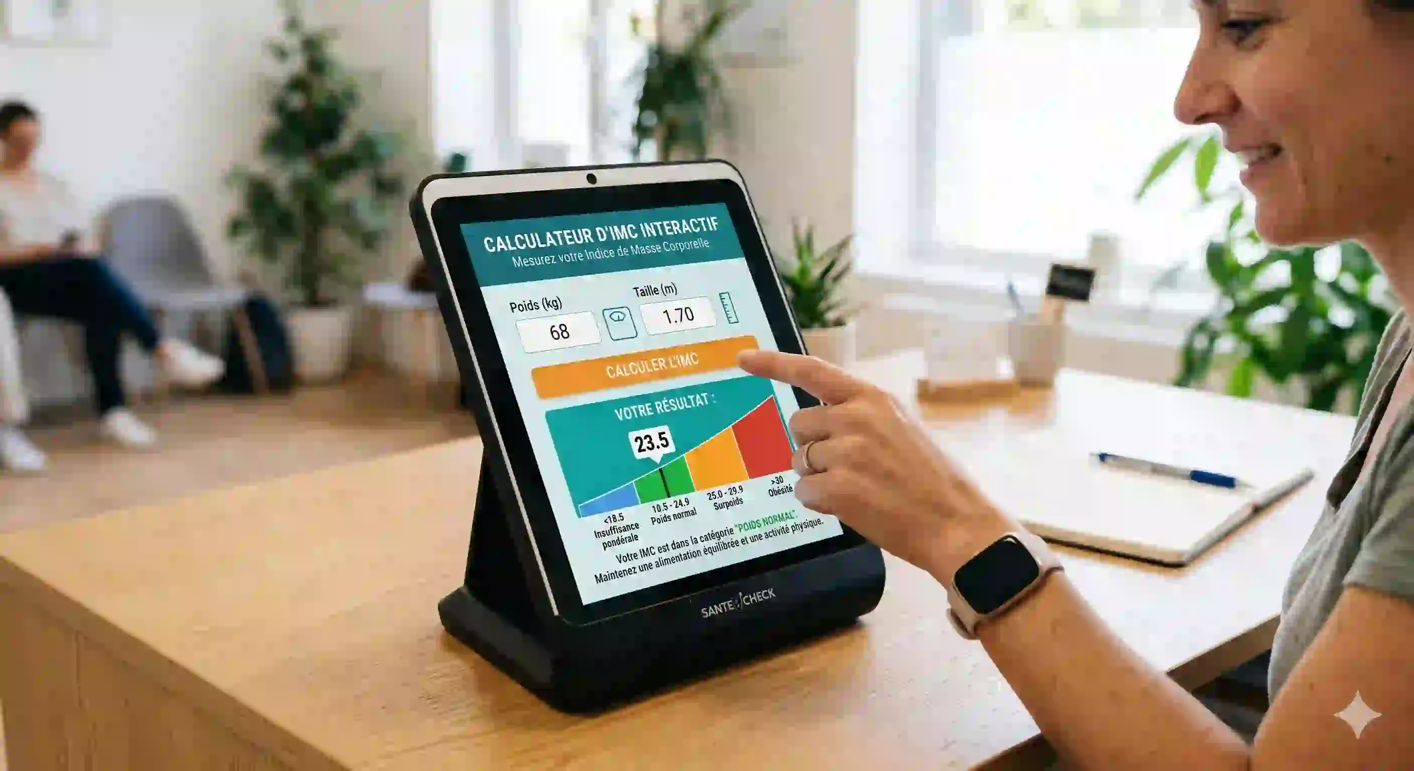 femme satisfaite consultant son evaluation IMC personnalisee sur tablette